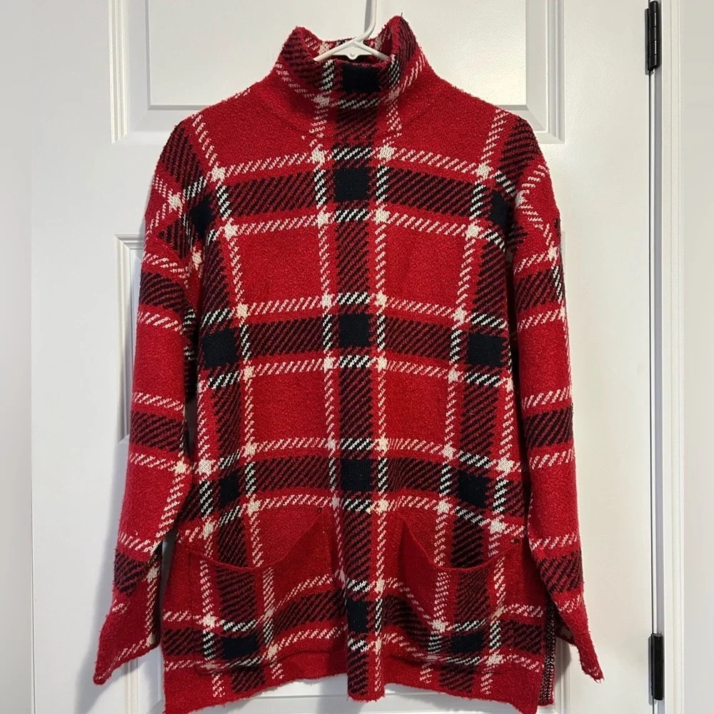 Zara Red and Black Plaid Knit Sweater with Pouch Pockets - Picture 4 of 9